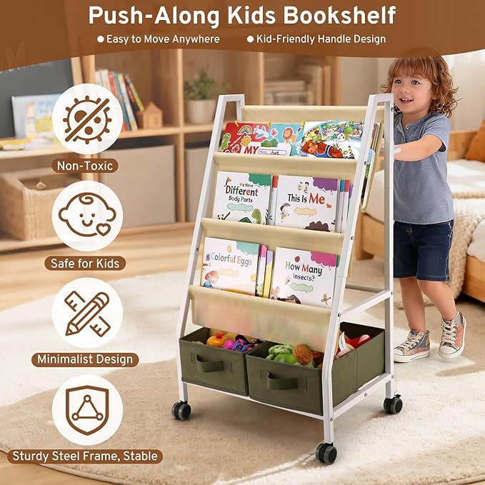 EARLY MINDS 3-Tier Kids Bookshelf with Storage, Wheels & Handle, Montessori Sling Book Organizer for Toddlers, Easy-to-Move Book Shelf, Nursery Bedroom Bookshelf