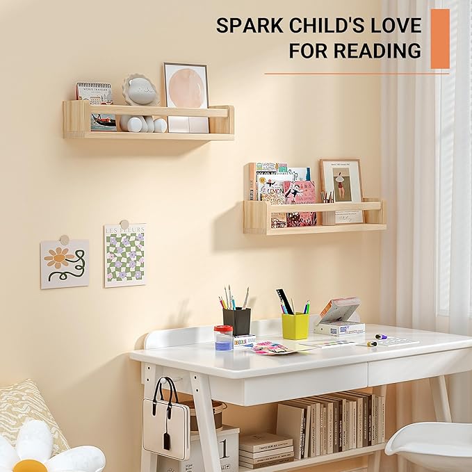 Heimlove Nursery Floating Shelves, Solid Wood Nursery Book Shelves for Wall, 16 inch Bookshelf for Kids, Mounted Shelves for Books,Toys and Decor Storage, Set of 2