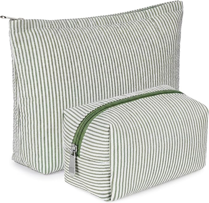 2 Pcs Makeup Bag Set Cute Cosmetic Pouch for Women Seersucker Travel Toiletry Bag Preppy Small Makeup Purse Pouch Aesthetic Skincare Brushes Storage Organizer for Valentine Women(Bean Green)