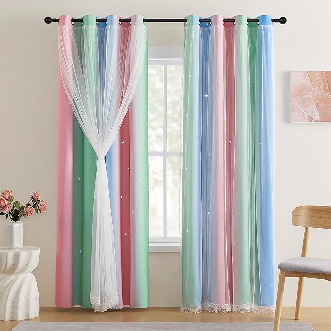 XiDi Pink & Rainbow Curtains for Kids & Girl Bedrooms - Blackout, Blue & Green 34x63 Inch Long with Unicorn Wall Decals