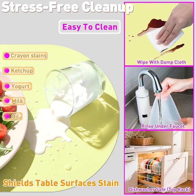 Oval Silicone Placemats Set of 4, Heat Resistant Non-Slip Waterproof Table Mats, Ultra-Thin Translucent Easy Clean Dining Mats for Home & Kids, 17"x12", Yellow