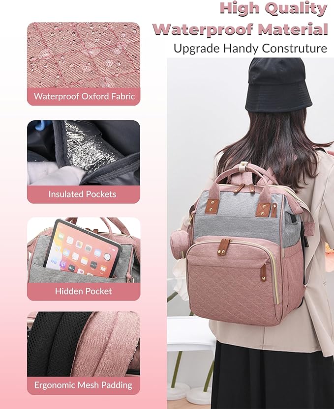 Lamroro Diaper Bag with Changing Station, Waterproof 3 in 1 Baby Diaper Backpack with Foldable Changing Pad, Pink-Grey