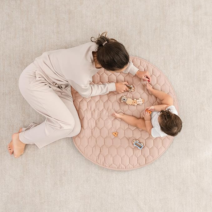 Comfy Cubs Round Kids Play Mat - Small 36 inches Soft Quilted Baby Floor Mat with Non-Slip Bottom - Plush Design for Toddlers' Playtime - Comfortable and Durable - Blush