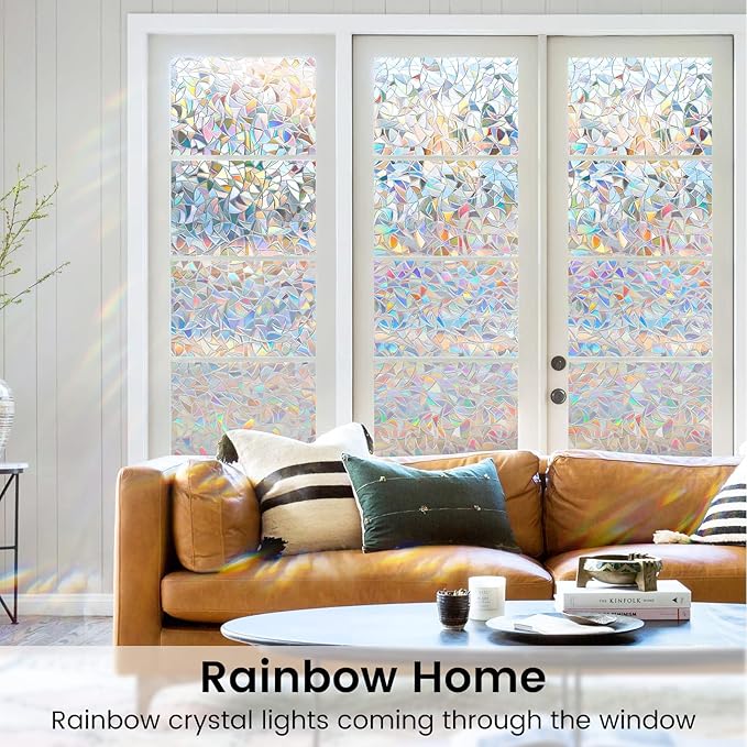 DOWELL Window Privacy Film, Rainbow Window Film, Decorative Stained Glass Clings, Static Cling Door Sticker, Non-Adhesive 3D Decals for Home UV Protection, Clear, 35.4 x 78.5 inches
