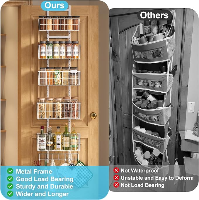 Over The Door Organizer, Hanging Door Organizer with 5 Metal Baskets, Behind The Door Storage for Pantry Closet Bedroom Bathroom Cabinet Kitchen, White