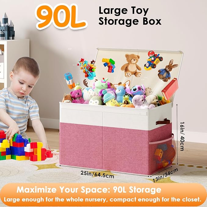 Fineonly Large Toy Storage Box with Lid Upgraded Toy Storage Chest Organizer with Divider Foldable Toy Bin for Kids Boys Girls Playroom Nursery Bedroom (25"x13"x16")