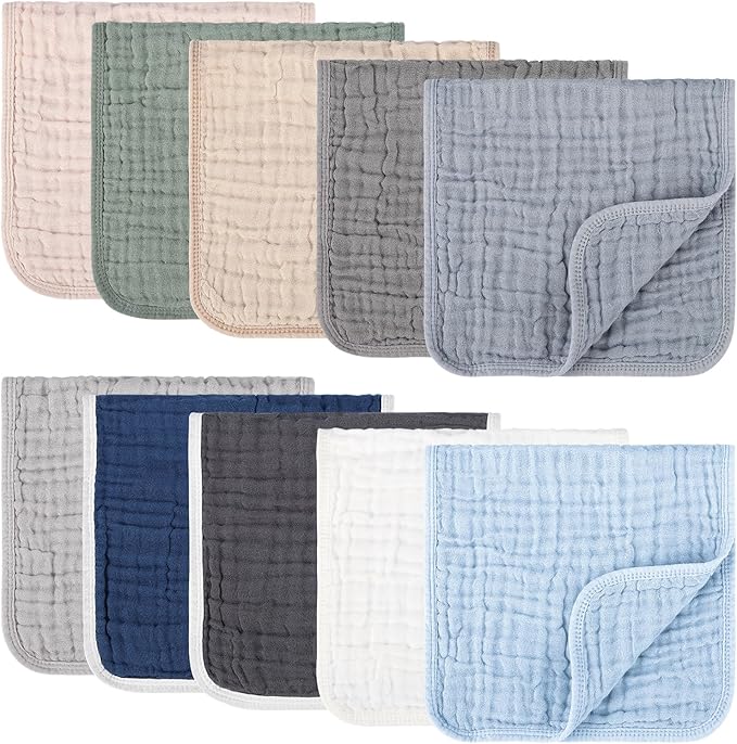 Synrroe 10 Pack Muslin Burp Cloths, 20x10Inch, 10 Mixed Colors, Soft Absorbent Baby Burping Rags