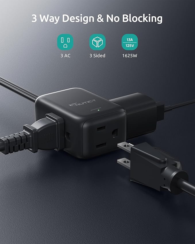Outlet Cover Extension Cord 6ft, 3 Outlets Indoor Extension Cord Flat Wall Plug, 900J Surge Protector, 13A/1625W, ETL Listed, Flat Power Strip Hidden Behind TV Bed Dresser Bookshelf, Black