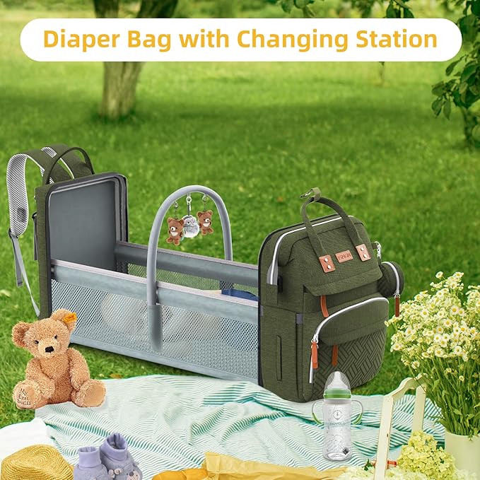 ISMGN Diaper Bag Backpack with Changing Station, Large Diaper Bag, Baby Bag, Multifunctional Diaper Bag, ARMYGREEN