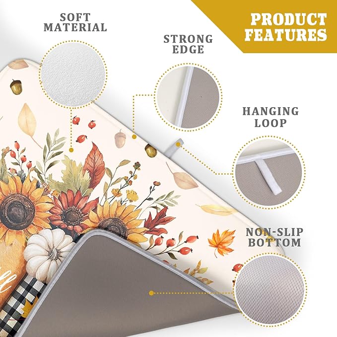 Autumn Sunflowers Vase Dish Drying Mat for Kitchen Counter,Fall Pumpkin Maple Leaves Drying Mat 18 x 24 Inch with High Absorbent Microfiber Dish Drying Drainer Mat for Coffee Bar