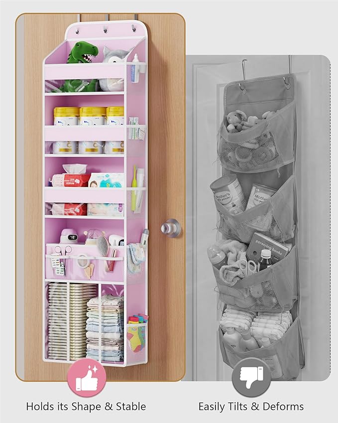 OneDream 5-Tier Over the Door Organizer with Removable Storage Caddy, Baby Clothes Organizer for Nursery, Hanging Behind Door Storage with Clear Pockets and Side Mesh Compartments, Pink