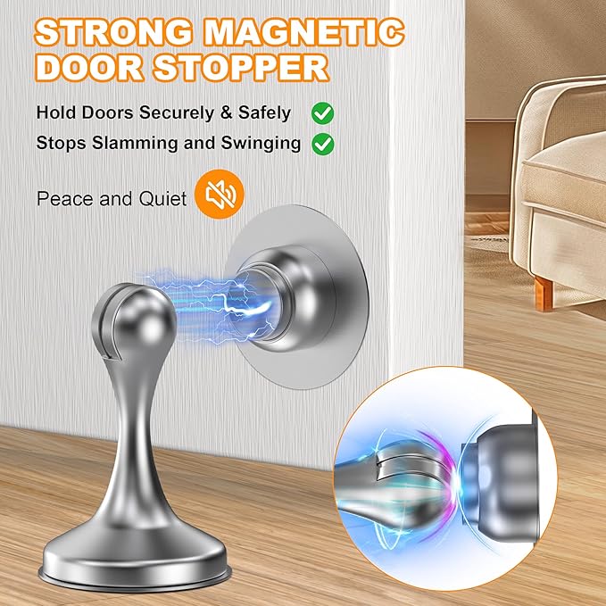 Crosize Magnetic Door Stoppers 1 Pack, Stainless Steel Door Stops for Wall and Floor Mounting, Door Holder Keep Door Open, No Drilling Door Stop with Adhesive Tapes, Silver