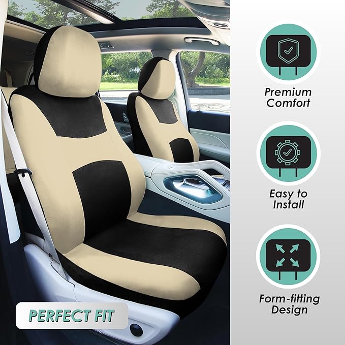 Automotive Seat Covers Beige Black Universal Fit Seat Cover Combo Set with Steering Wheel Cover and Seat Belt Pad (Airbag Compatible and Split Bench)
