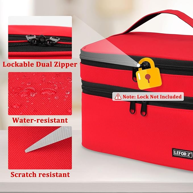 LEFOR·Z Medicine Storage Bag,Double Layers Pill Bottle Organizer Bag Empty with Lockable Zipper&Adjustable Divider,Medication Travel Carrying Bag for Pills,Vitamins,Medical Supplies,Red