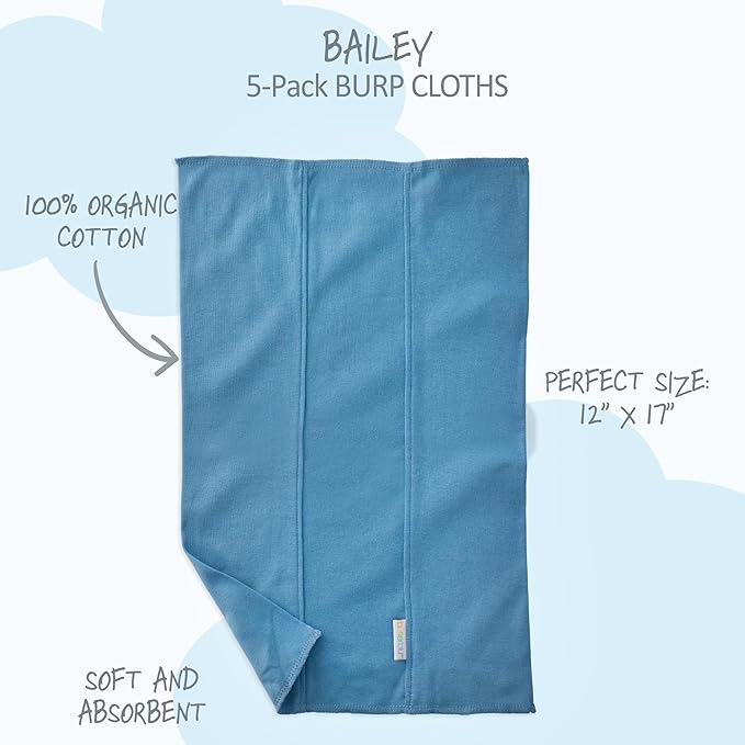 Butterblu Bailey 5-Pack Burp Cloths 100% Organic Cotton Knit for Newborn & Baby Boys & Girls, Blue, One Size