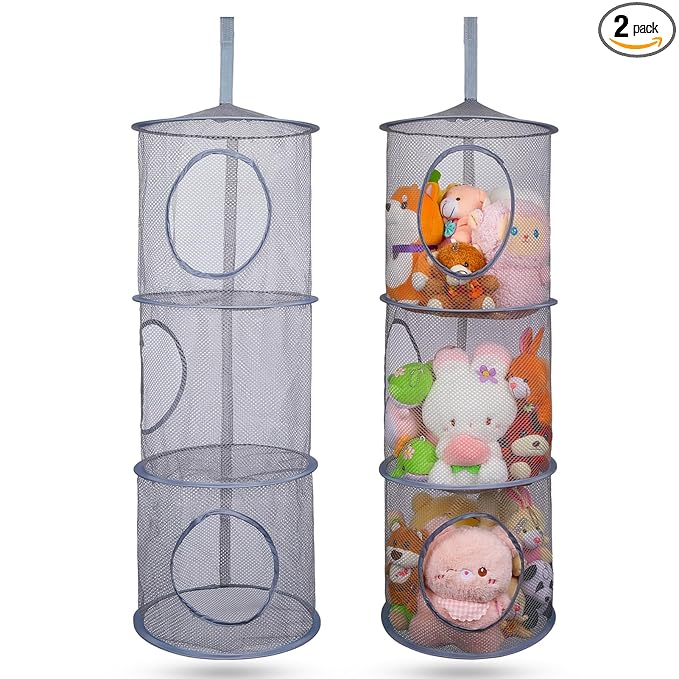 Basumee Stuffed Animals Net or Hammock 2 Pcs Stuffed Animals Storage Toy Net Hammock for Plushies Storage Organizer Mesh Kids Girls Room Decor, Gray, 3 Tiers