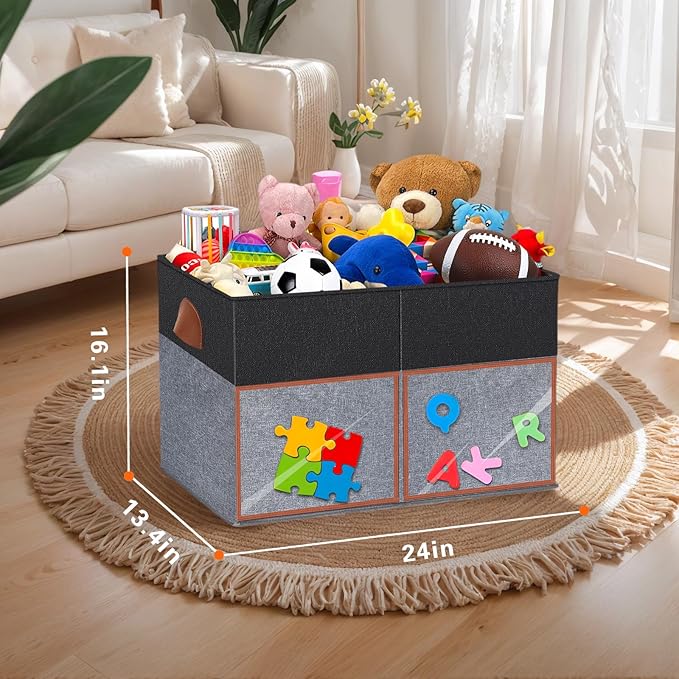 HISULIV 2 Pack Large Toy Storage Box with Clear Lids Collapsible Toys Chest Organizer Bin Basket with Adjustable Dividers for Kids Boys Girls Living Room Nursery Playroom Closet Black and Grey