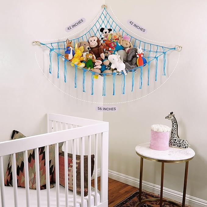 ABBY BABY Large Stuffed Animal Hammock Corner - Stuffed Animal Storage - 100% Natural Cotton Macrame Stuffed Animal Net - Stuff Animal Organizer - Net For Stuffed Animals Corner Large-Blue