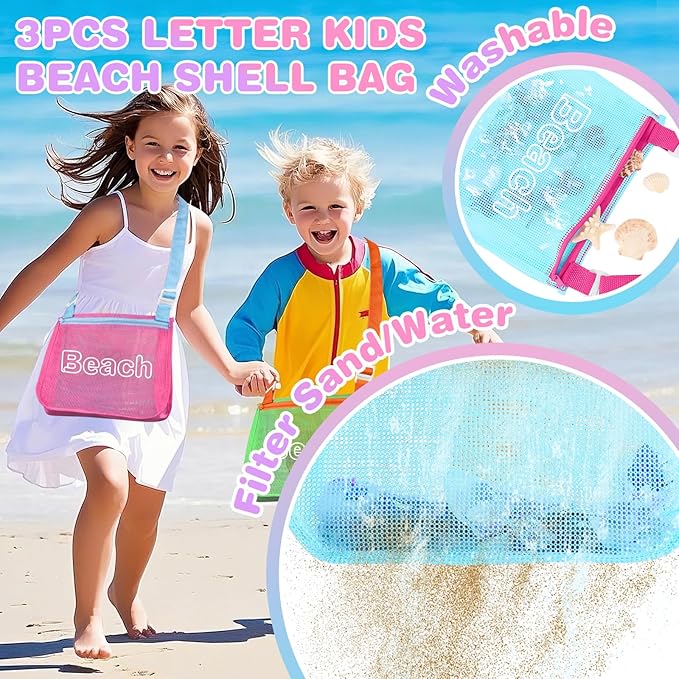 Iqimott 3Pcs Kids Letter Beach Shell Bag, Seashell Mesh Zipper Beach Pouch, Shell Collecting Bag for Holding Shells