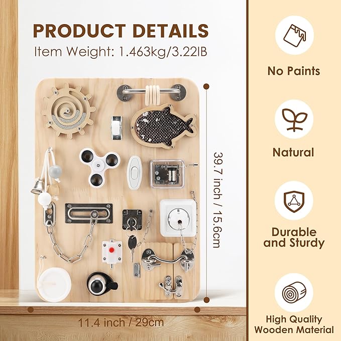 Pithfor Wooden Montessori Busy Board, Montessori Sensory Activity Board Toys for Kids Toddler Baby Boys Girls, for Autism & ADHD Motor Skills