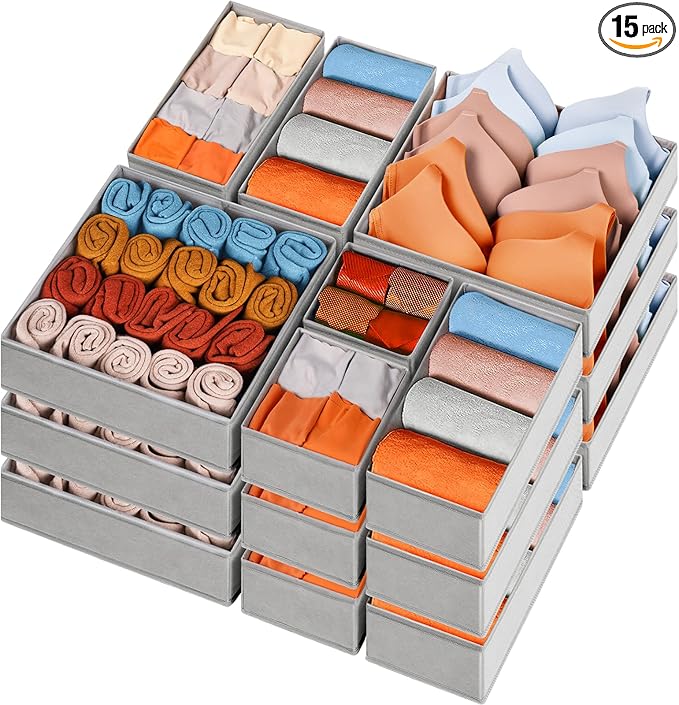 Criusia Drawer Organizers for Clothing 15 Pack, Foldable Fabric Closet Organizers and Storage Bins for Baby Clothes, Dresser Drawer Dividers for Adult Sock Underwear, Bra, Nursery Organization (Grey)