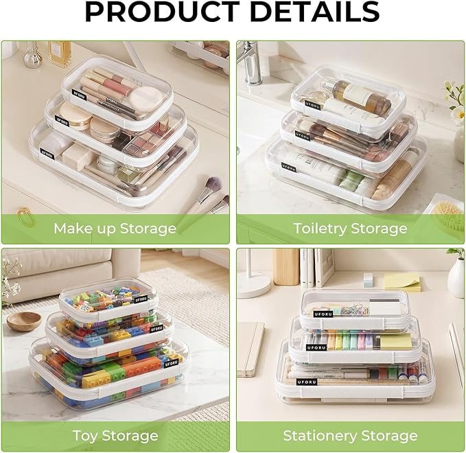 UFORU 3 Pack Clear Hard Shell Zipper Case, Heavy Duty Portable Clear Zipper Pouches, Travel Makeup Organizer & Toiletry Bag, Diaper Bag Organizer Pouches for Toys, Tech & Art Supplies, SML