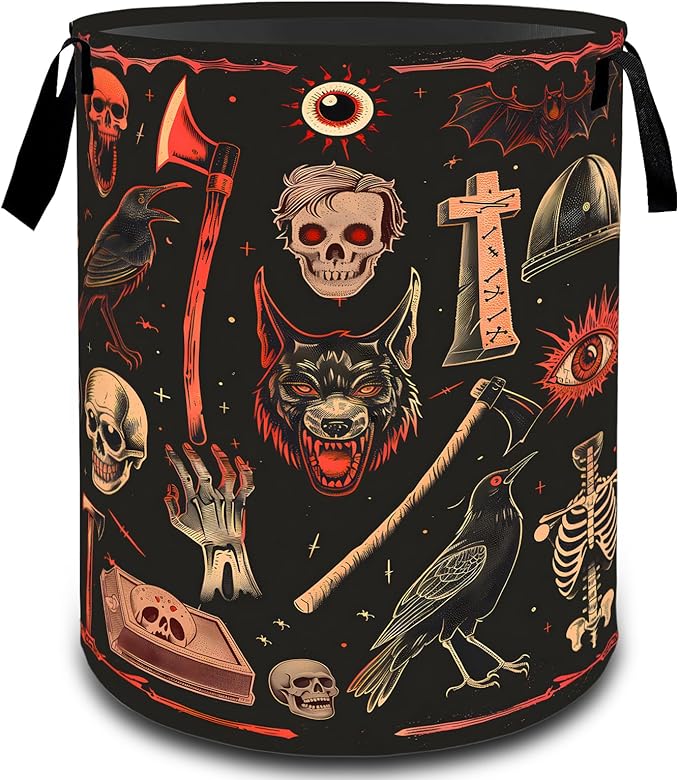 VODRM Gothic Horror Laundry Basket, Dirty Collapsible Clothes Toy Organizer Hamper for Kids Adults, Oxford Cloth Waterproof Storage Bin for Bedroom Bathroom Goth Decor Halloween Gifts, 19.7"X15.7"