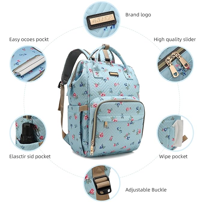 GAIVP Diaper Bag Backpack for Women, Baby Bags for Girls,Diaper Bag with Changing Pad, and Insulated Pockets-Blue Flowers