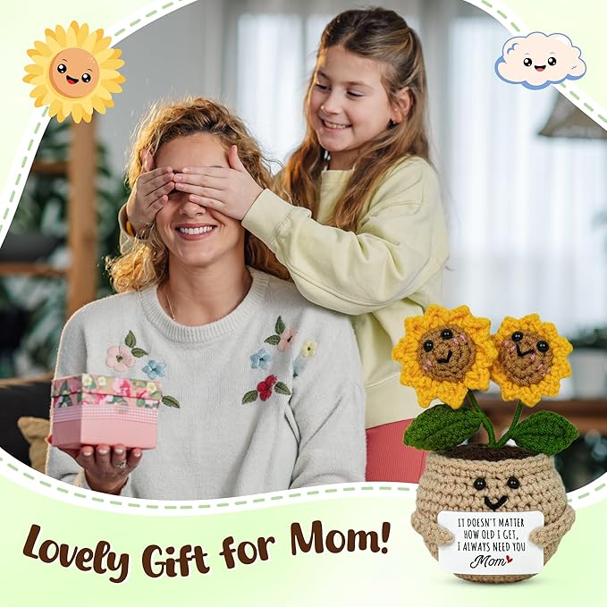 OASSIE Gifts for Mom from Daughter Son - Handmade Positive Sunflower Crochet with Card - Mom Gifts for Mothers Day, Birthday Gift for Mother in Law Mama Grandma, Emotional Support Crochet