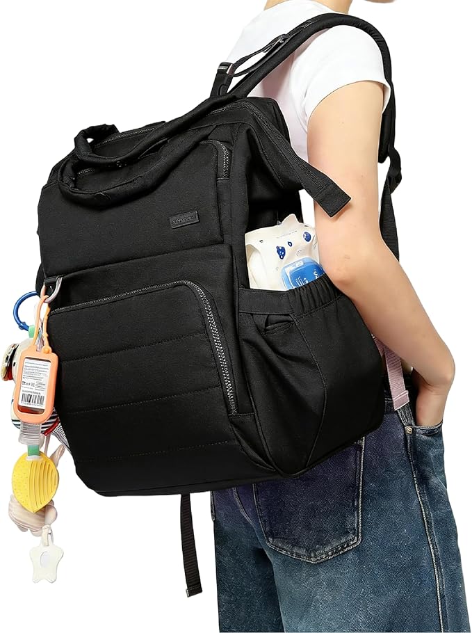 BELALIFE Baby Diaper Backpack Bag, Baby Essentials Travel Backpack for Moms Dads, with Changing Pad, Insulated Bottle Holders & Stroller Straps, Black