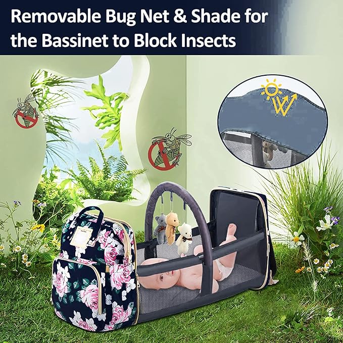 GurZinn Diaper Bag Backpack Waterproof Baby Bag Large Capacity Multifunction Nappy Bags Floral Insulated Durable Travel Maternity Back Pack with Changing Station for Baby （Black）