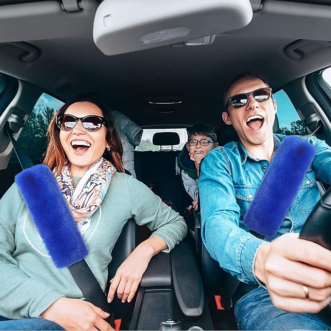 Boao 4 Pack Faux Sheepskin Car Seat Belt Pads Seatbelt Protector Soft Seat Belt Shoulder Strap Cover Comfort Harness Pad(Blue, 9.9 Inch)