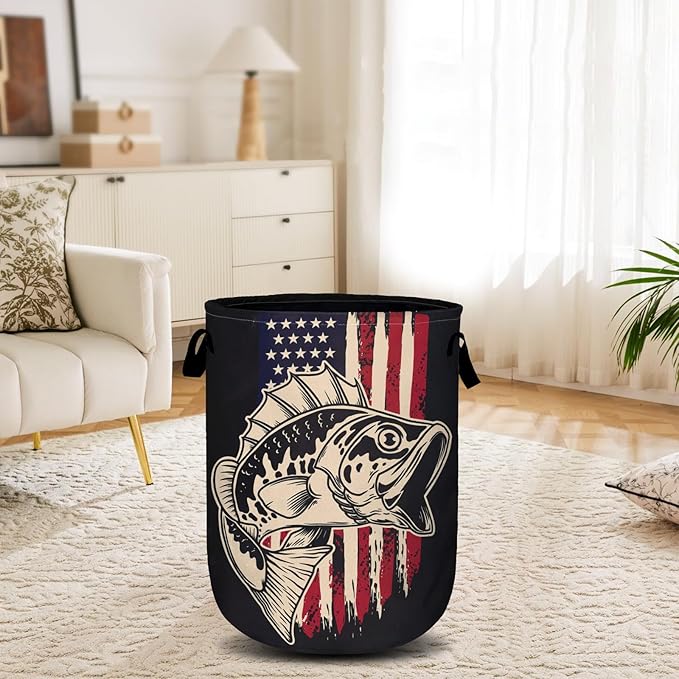 American Flag Bass Fish Laundry Basket, Laundry Hamper Collapsible Oxford Cloth with Handle Clothes Toy Storage Bin for Bathroom Laundry Room Bedroom 15.7 X 20 Inch