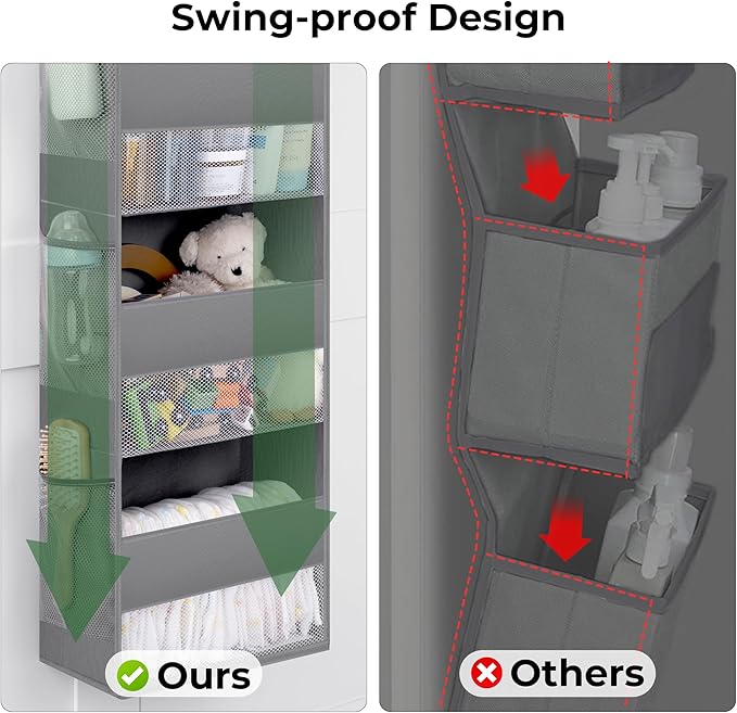 GRANNY SAYS Over The Door Organizer, 4-Shelf Behind The Door Storage with 6 Pockets, Waterproof 300D Oxford Fabric Hanging Organizer, Anti Tilt 35lb Load Hanging Shelf for Nursery, Bathroom, Grey