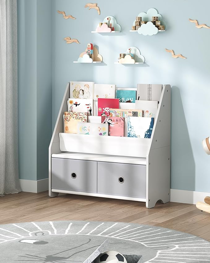 CHOEZON Kids Bookshelf and Toy Storage, 4 Tier Large Capacity Kids Book Rack, Sling Kid Bookcase, for Kids Room, Nursery, Playroom, White and Gray MCW06WT