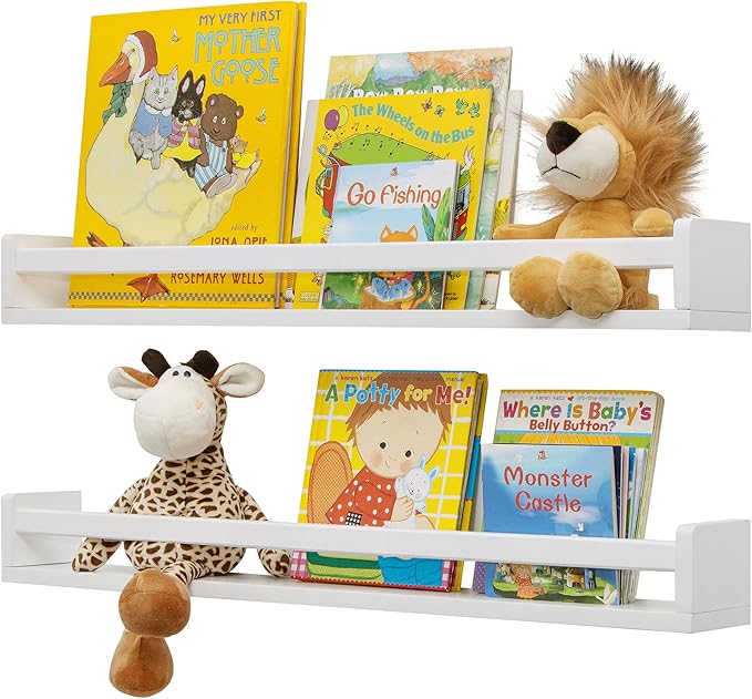 Fun Memories Nursery Book Shelves - Rustic Natural Solid Wood Floating Bookshelf for Kids - Wall Book Shelves for Kids Room (White, 32inch - 2P)