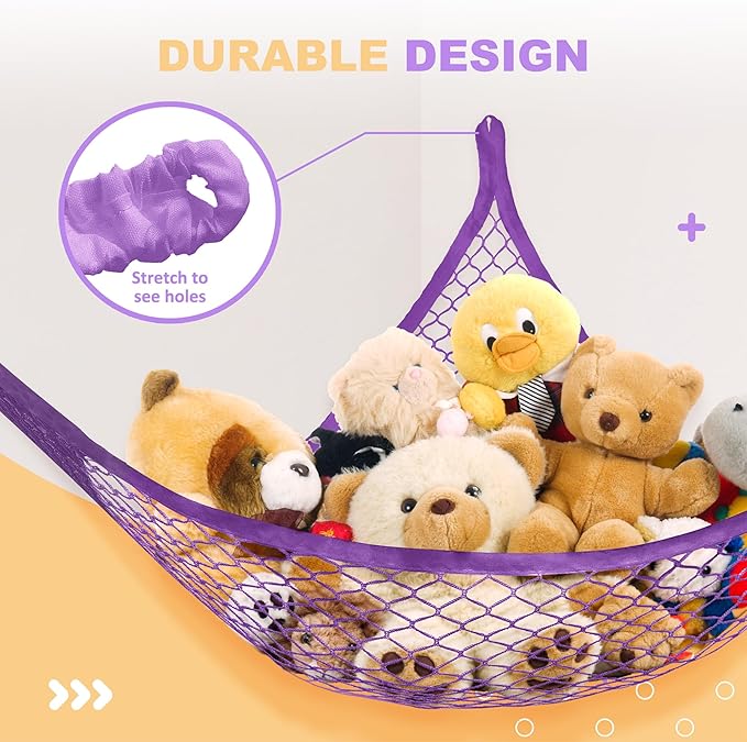 Lazebox Stuffed Animal Net Hammock for Plushie Toys, Stuffed Animal Hammock Corner for Kids' Room Decor, Ideas for Organizing Stuffy Collection, Purple, L (67" x 40" x 40")-Pack of 1