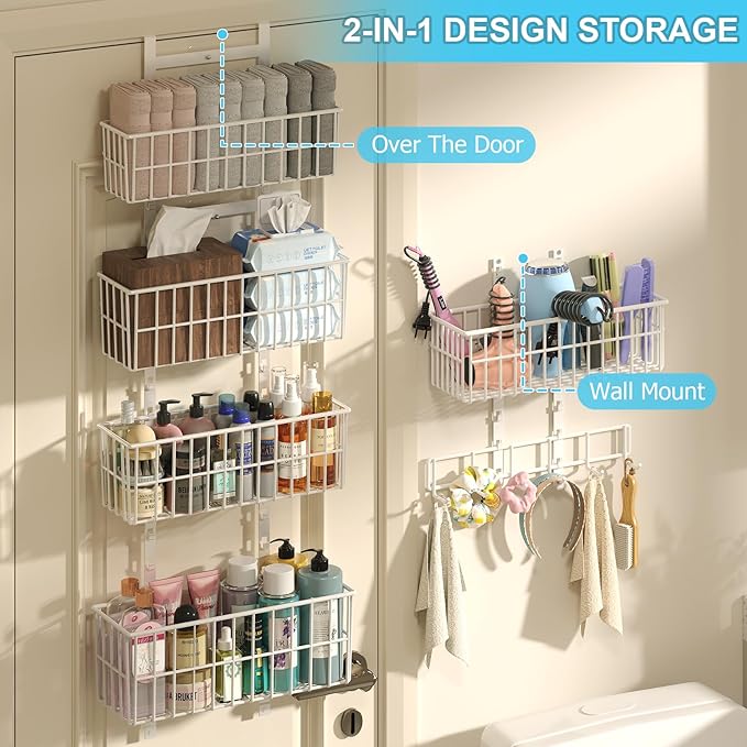 Over The Door Organizer, Hanging Door Organizer with 5 Metal Baskets, Behind The Door Storage for Pantry Closet Bedroom Bathroom Cabinet Kitchen, White