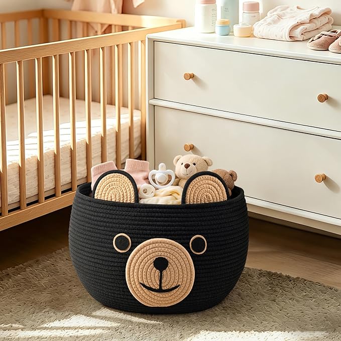 CherryNow Baby Basket for Nursery, Bear Gift Baskets for Kids, Cute Baby Basket for Baby Shower, Decorative Animal Baskets for Living Room, Black, 15.7"D x 10.5"H