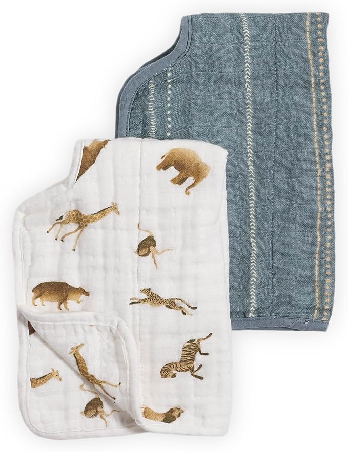 Little Unicorn 100% Certified Natural Organic Cotton Burp Cloth 2 Pack | Ultra-Absorbent & Soft Muslin Fabric | Larger Size & Ergonomic Design (Animal Crackers + Stillwater Stitch)