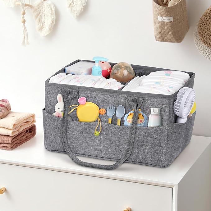 Volnamal Premium Diaper Caddy with Smart Side Wipes Pocket, Diaper Organizer, Portable Car Organizer & Nursery Basket for Newborn Essentials, Perfect Registry Must Haves for Boys & Girls, Grey