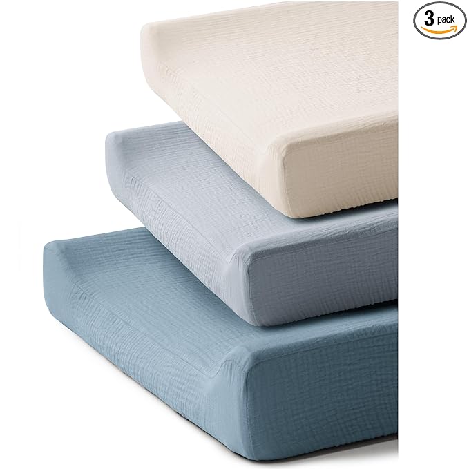 3 Pack Muslin Changing Pad Covers for Girl Boy, 100% Soft Cotton Changing Table Cover, Breathable Baby Nursery Diaper Chang Pad Sheets (Blue)