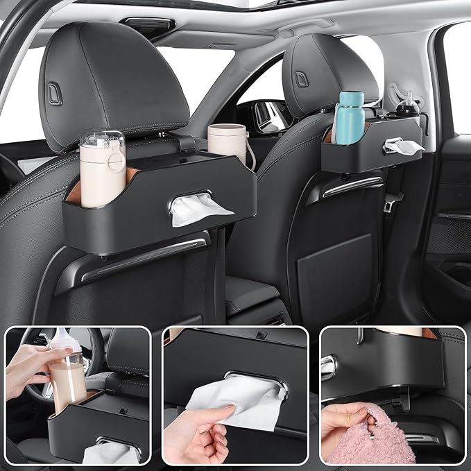 Sancaral Car Rear Backseat Extra Multifunctional Drink Cup Holder Organizers With Tissue Storage Box Organizer & Hooks For Car Seat Back. Black