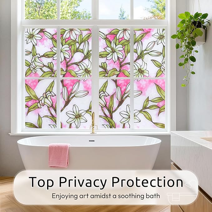 rabbitgoo Pink Lily Window Film Privacy Frosted Glass Cover - Static Cling Removable Decorative Window Tint for Bathroom, Bedroom, Living Room (35.4 x 78.7 Inch)