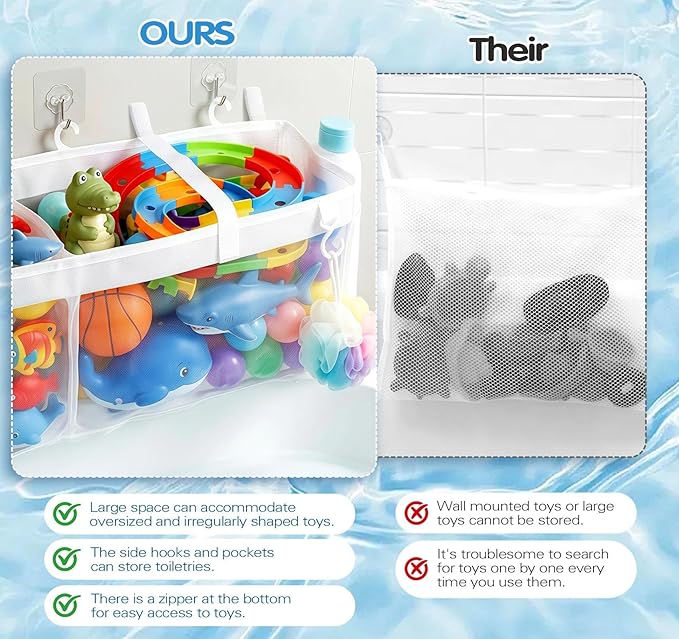 Extra Large Openings Bath Toy Organizer with 2 Compartments and Multiple Pockets, Quick-Dry Mesh Bathtub Toy Storage and Holder for Easy Access and Sorting of Toys