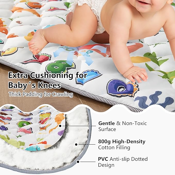 Baby Play Mat for Floor - MORAIS 50x50 Inch with 800g Cotton Filling Thickened Crawling Mat for Playpen, Cushioned Playpen Mat with Anti-Slip Bottom and Animal Alphabet (Dinosaur Land)