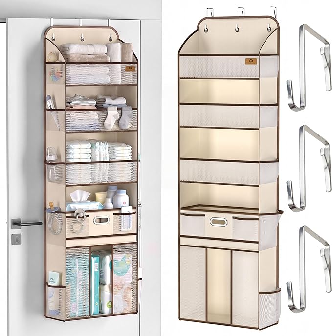 Baby Nursery Over The Door Organizer – 5-Tier 10 Pocket Hanging Storage with Removable Diaper Caddy & 3 Sturdy Hooks, 55LBS Capacity Baby Essentials Holder for Bathroom Bedroom Closet, Beige