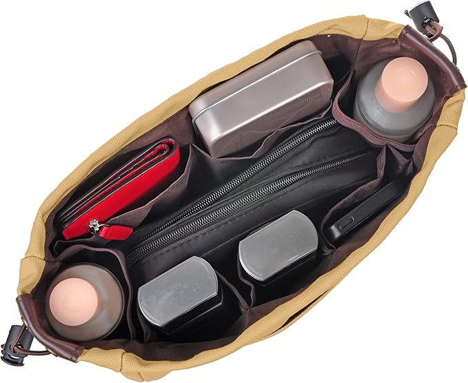 Vercord Canvas Handbag Organizers, Sturdy Purse Insert Organizer Bag in Bag, 10 Pockets Khaki Small