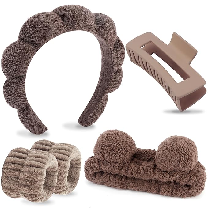 VELSCRUN Spa Headband, Makeup Face Wash Skincare Headbands, 5 Pcs Sponge Get Ready Bear Ears Hairband Facial Wristband Hair Clip Set, Stuff for Teen Girls Women Trendy Hair Accessories Dark Brown