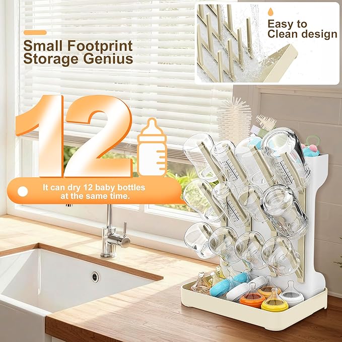Viddett Baby Bottle Drying Rack: Vertical Space Saving Countertop Drying Rack - BPA-Free Baby Accessories Storage Stand Organize Brushes Pacifiers on Countertop - Elegant Grey